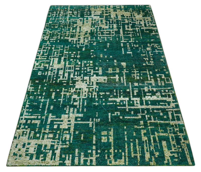 5.6x8 Hand Knotted Teal Green, Olive and Beige Modern Abstract Contemporary Recycled Silk Area Rug | OP130