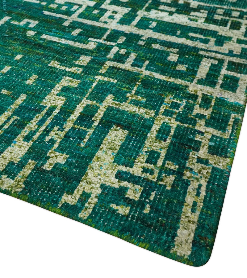 5.6x8 Hand Knotted Teal Green, Olive and Beige Modern Abstract Contemporary Recycled Silk Area Rug | OP130