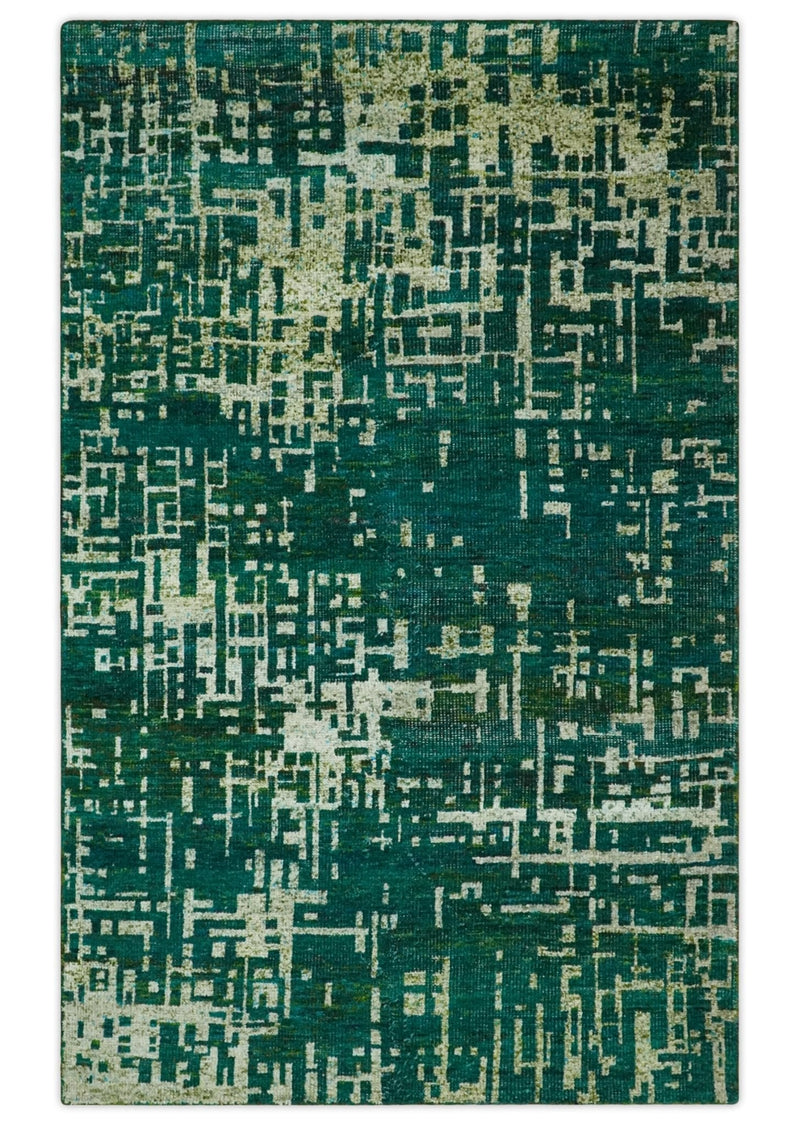 5.6x8 Hand Knotted Teal Green, Olive and Beige Modern Abstract Contemporary Recycled Silk Area Rug | OP130