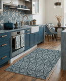 Recycled Silk Hand Knotted Area Rug 5x8 - Teal Ivory Blue Modern