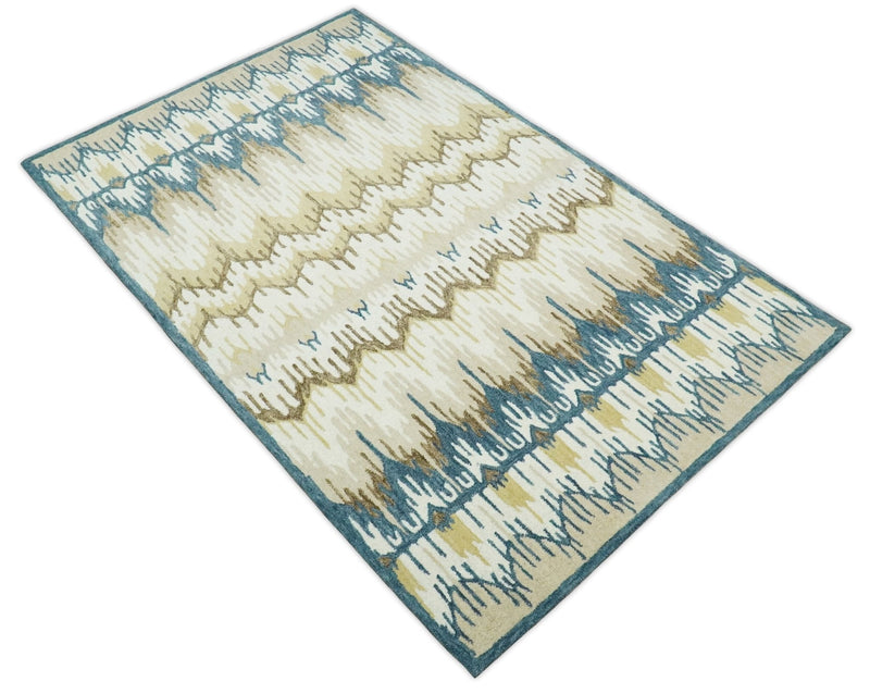 5x8 Hand Tufted Blue and Beige Modern Ikat Wool Area Rug | TRDMA37