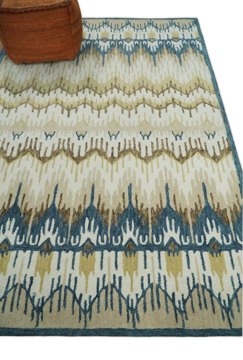 5x8 Hand Tufted Blue and Beige Modern Ikat Wool Area Rug | TRDMA37