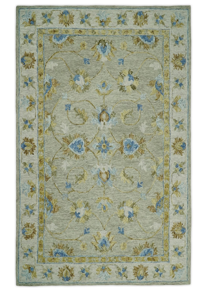 5x8 Hand Tufted Blue and Beige Multi Size Style Floral Wool Area Rug