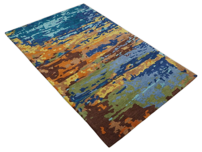 5x8 Hand Tufted Blue, Rust and Gold Modern Abstract Wool Area Rug | TRDMA40