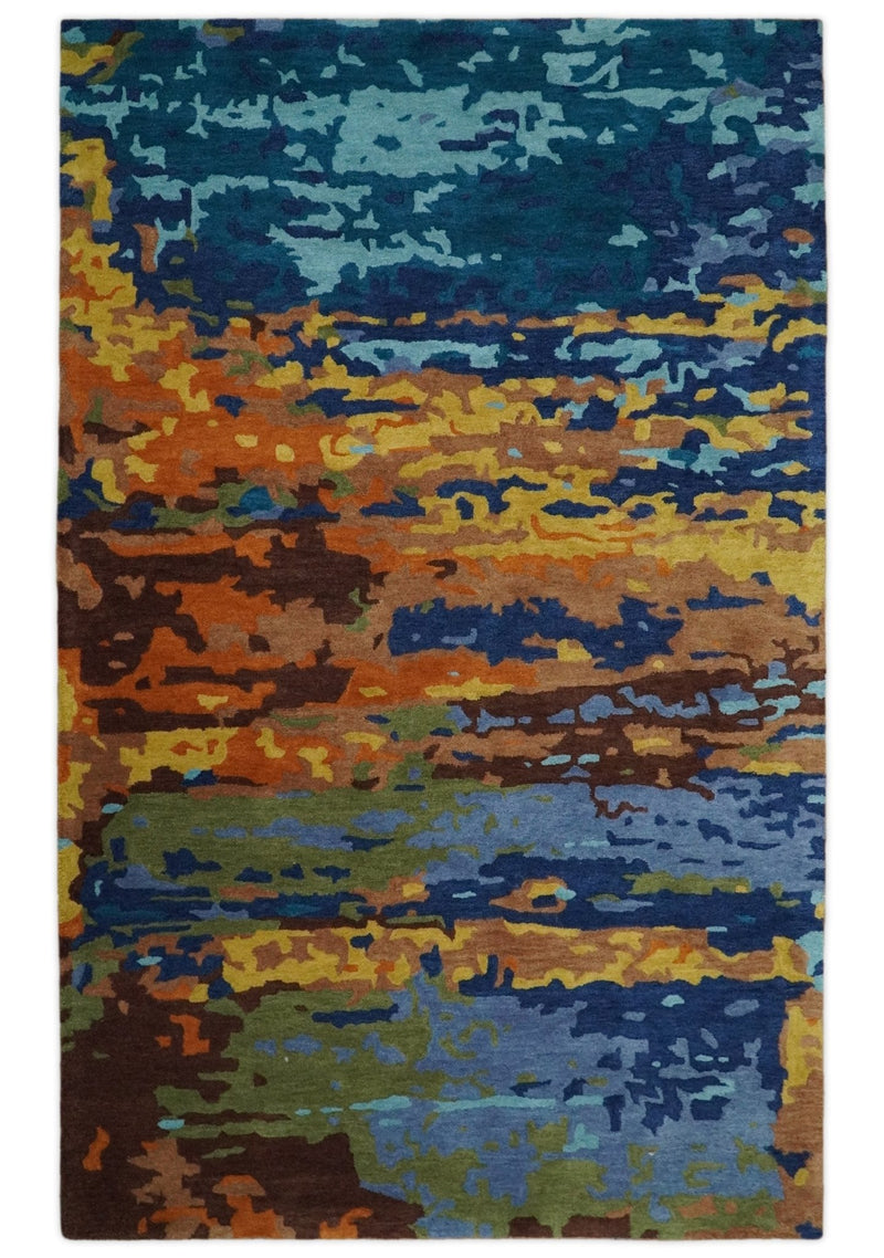 5x8 Hand Tufted Blue, Rust and Gold Modern Abstract Wool Area Rug | TRDMA40