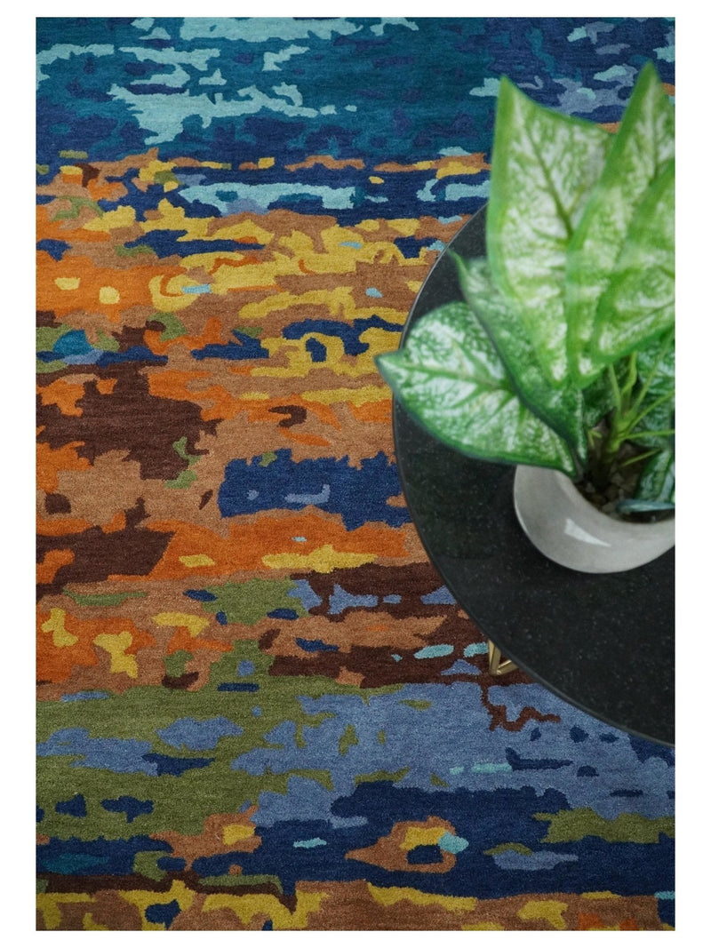 5x8 Hand Tufted Blue, Rust and Gold Modern Abstract Wool Area Rug | TRDMA40