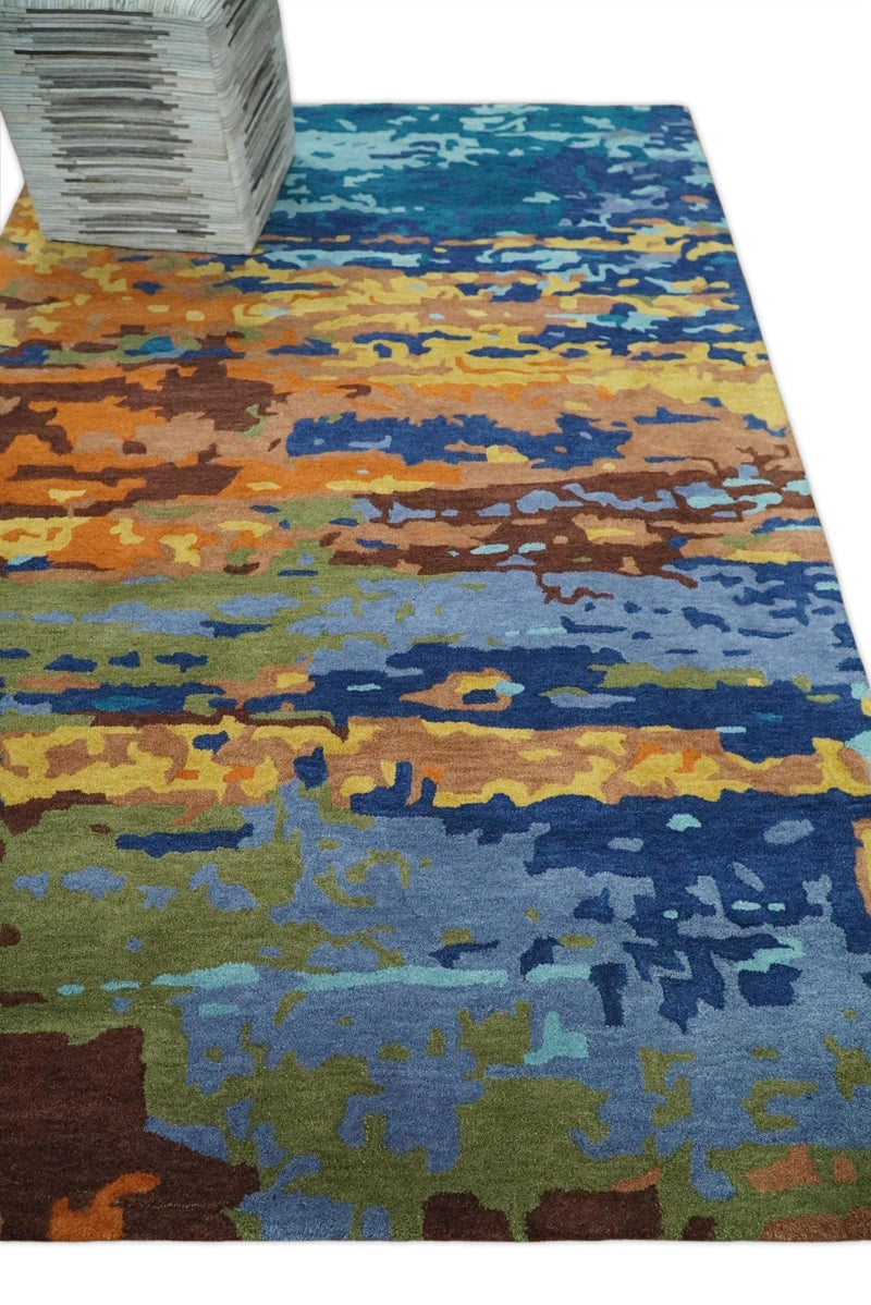 5x8 Hand Tufted Blue, Rust and Gold Modern Abstract Wool Area Rug | TRDMA40