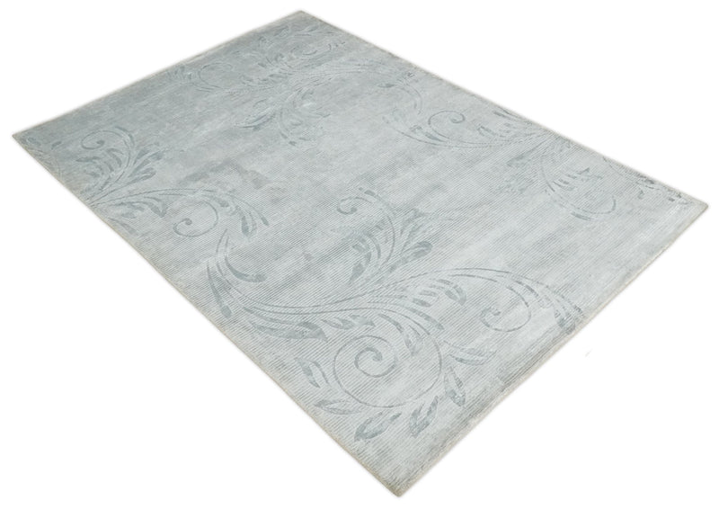 5x8 Hand Woven and hand carved Carved Silver and Gray Floral Art Silk Rug | KNT9