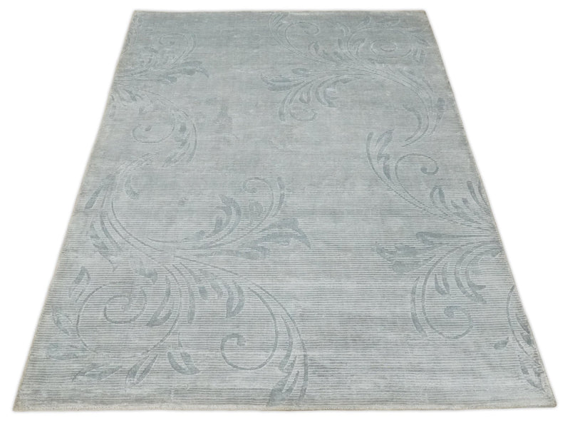 5x8 Hand Woven and hand carved Carved Silver and Gray Floral Art Silk Rug | KNT9