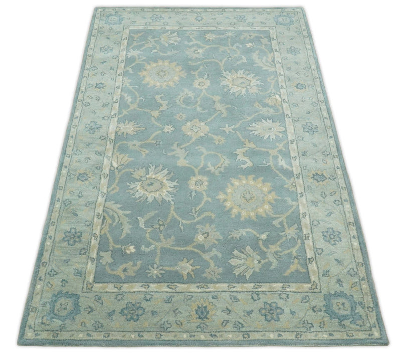 5x8 and 9x12 Handmade Classic Vintage Design Blue and Silver Wool Area Rug | TRDCP12158