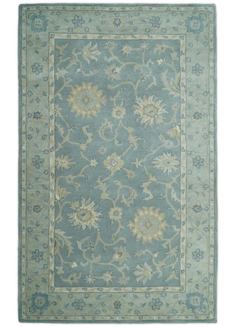 5x8 and 9x12 Handmade Classic Vintage Design Blue and Silver Wool Area Rug | TRDCP12158