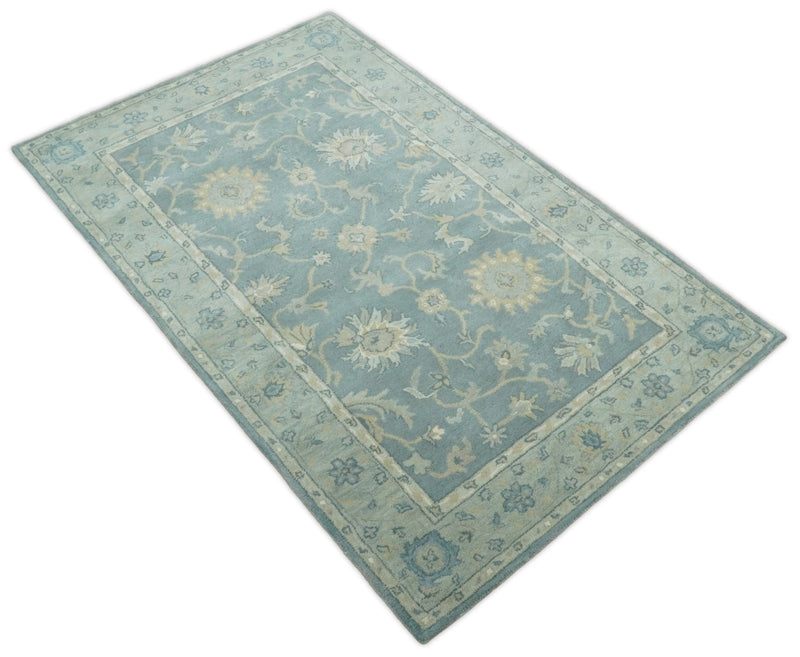 5x8 and 9x12 Handmade Classic Vintage Design Blue and Silver Wool Area Rug | TRDCP12158