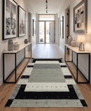 Wool Hand Woven Area Rug 5x8 Ivory Gray and Black Striped Southwestern Gabbeh