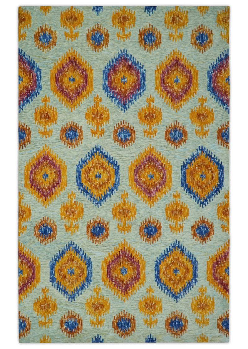 5x8 Ivory, Gold and Blue Traditional Ikat design Hand Tufted Wool Area Rug