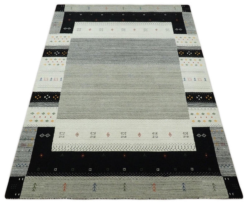 5x8 Ivory, Gray and Black Striped Wool Hand Woven Southwestern Gabbeh Rug | KNT18