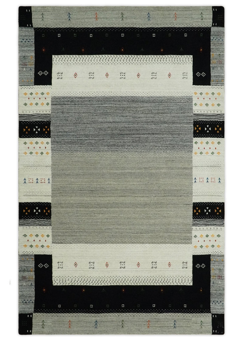 5x8 Ivory, Gray and Black Striped Wool Hand Woven Southwestern Gabbeh Rug | KNT18