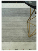 Wool Hand Woven Area Rug 5x8 Ivory Gray and Black Striped Southwestern Gabbeh