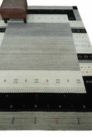 Wool Hand Woven Area Rug 5x8 Ivory Gray and Black Striped Southwestern Gabbeh