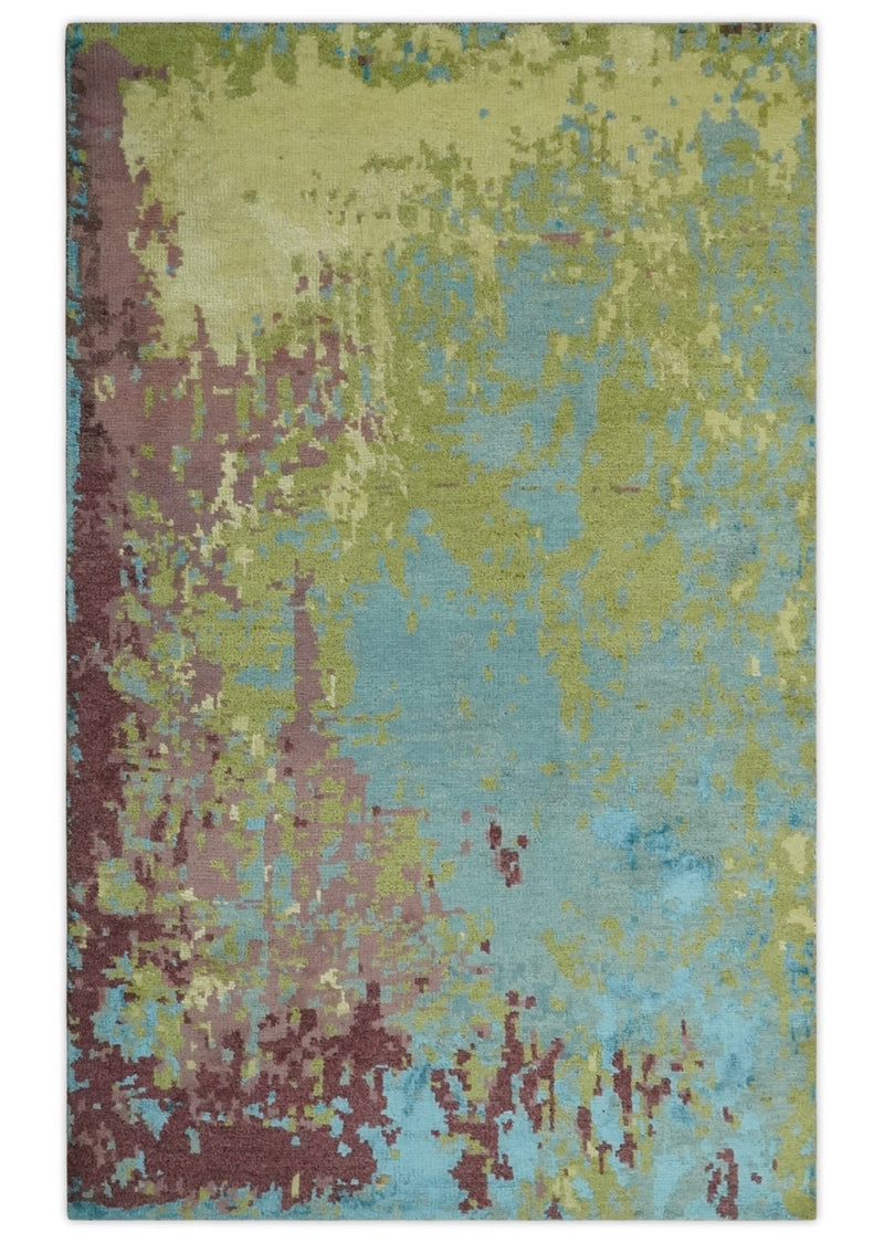5x8 Modern Abstract Aqua, Olive and Brown Hand Knotted wool Area Rug