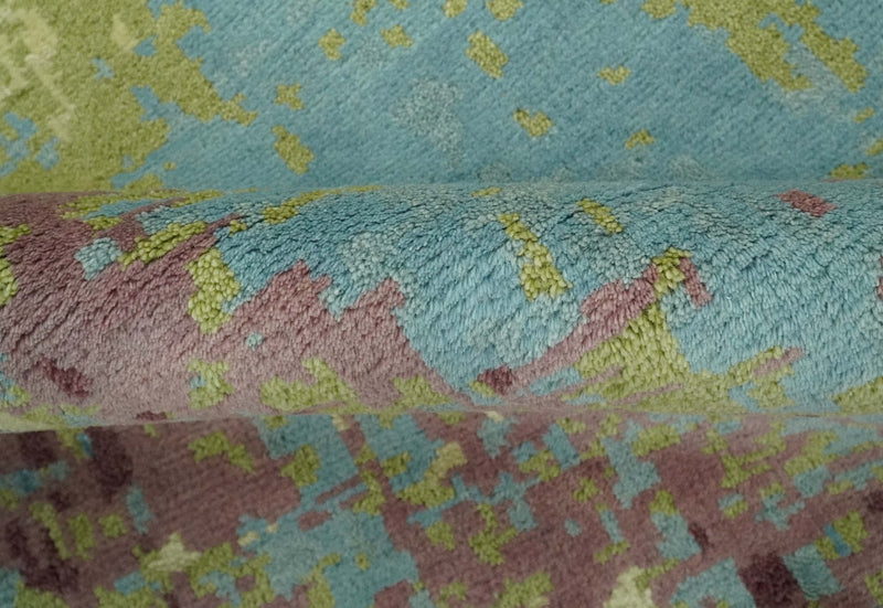5x8 Modern Abstract Aqua, Olive and Brown Hand Knotted wool Area Rug