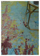5x8 Modern Abstract Aqua, Olive and Brown Hand Knotted wool Area Rug