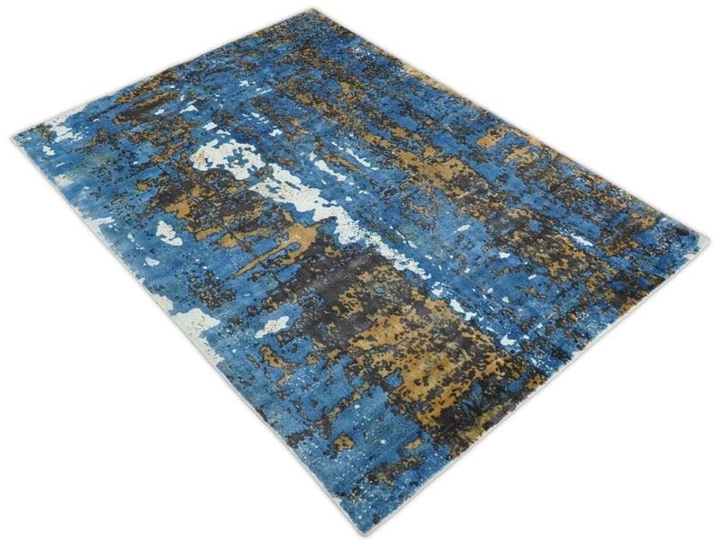 5.8x7.11 Modern Abstract Blue and Brown Rug made with Art Silk