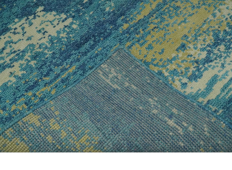 5x8 Modern Abstract Blue, Ivory and Olive Hand Knotted wool Area Rug