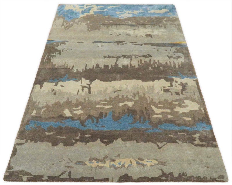 5x8 Modern Abstract Handmade Brown and Blue fine Wool art silk  Area Rug