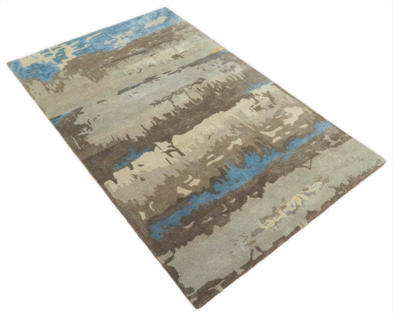 5x8 Modern Abstract Handmade Brown and Blue fine Wool art silk  Area Rug