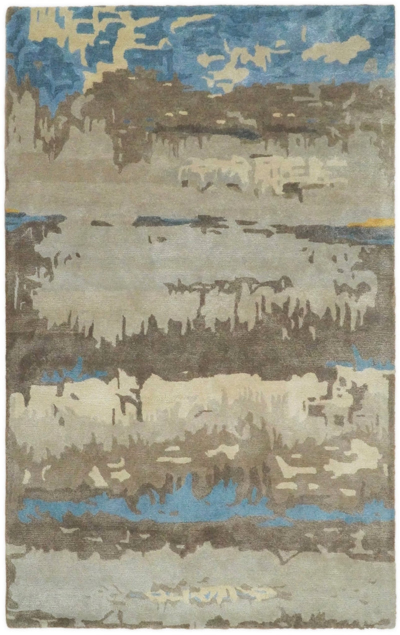 5x8 Modern Abstract Handmade Brown and Blue fine Wool art silk  Area Rug