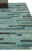 5x8 Modern Geomatical Aqua, Gray and Silver Stripes Design Hand Knotted wool Rug