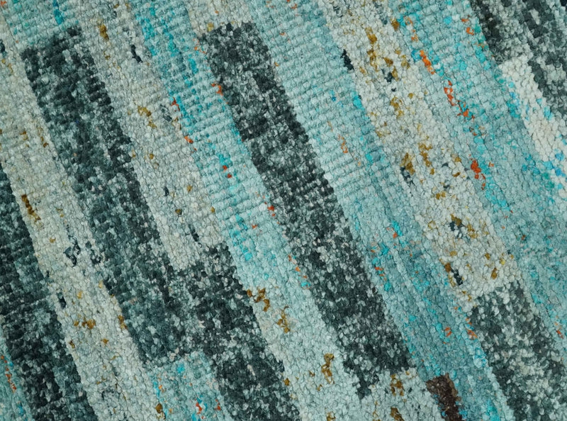 5x8 Modern Geomatical Aqua, Gray and Silver Stripes Design Hand Knotted wool Rug