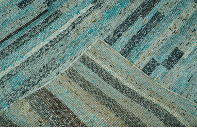 5x8 Modern Geomatical Aqua, Gray and Silver Stripes Design Hand Knotted wool Rug