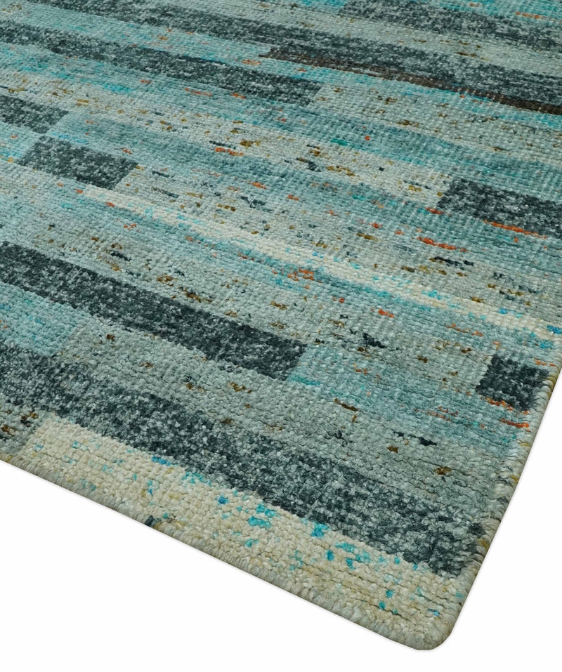 5x8 Modern Geomatical Aqua, Gray and Silver Stripes Design Hand Knotted wool Rug