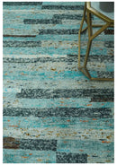 5x8 Modern Geomatical Aqua, Gray and Silver Stripes Design Hand Knotted wool Rug