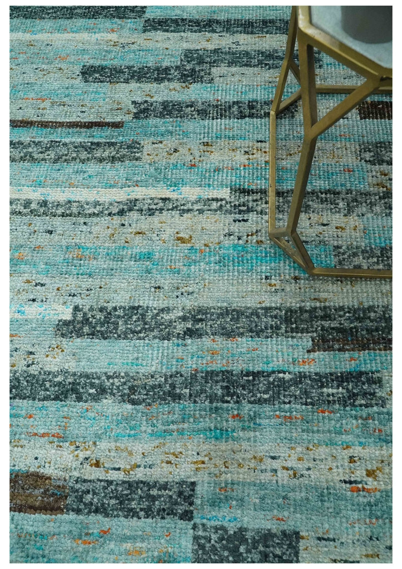 5x8 Modern Geomatical Aqua, Gray and Silver Stripes Design Hand Knotted wool Rug