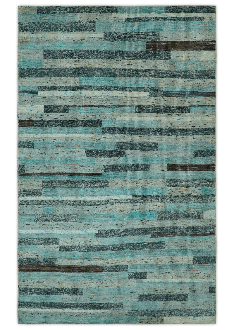 5x8 Modern Geomatical Aqua, Gray and Silver Stripes Design Hand Knotted wool Rug