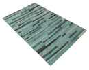 5x8 Modern Geomatical Aqua, Gray and Silver Stripes Design Hand Knotted wool Rug