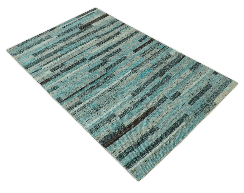 5x8 Modern Geomatical Aqua, Gray and Silver Stripes Design Hand Knotted wool Rug