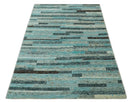 5x8 Modern Geomatical Aqua, Gray and Silver Stripes Design Hand Knotted wool Rug