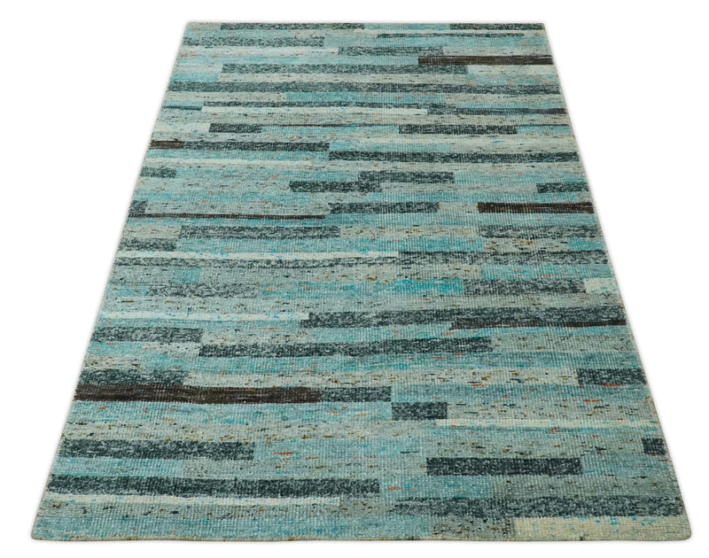 5x8 Modern Geomatical Aqua, Gray and Silver Stripes Design Hand Knotted wool Rug