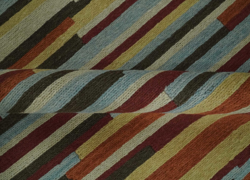 5x8 Multi color Stripes Pattern Hand knotted Farmhouse Wool Area Rug