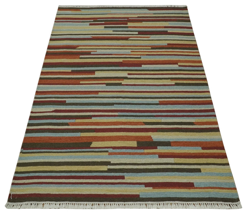 5x8 Multi color Stripes Pattern Hand knotted Farmhouse Wool Area Rug