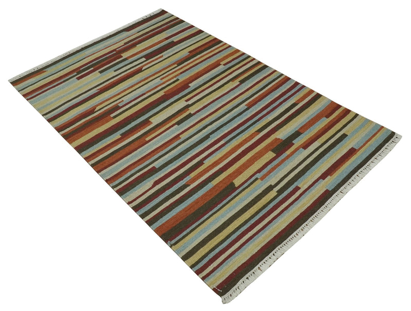 5x8 Multi color Stripes Pattern Hand knotted Farmhouse Wool Area Rug