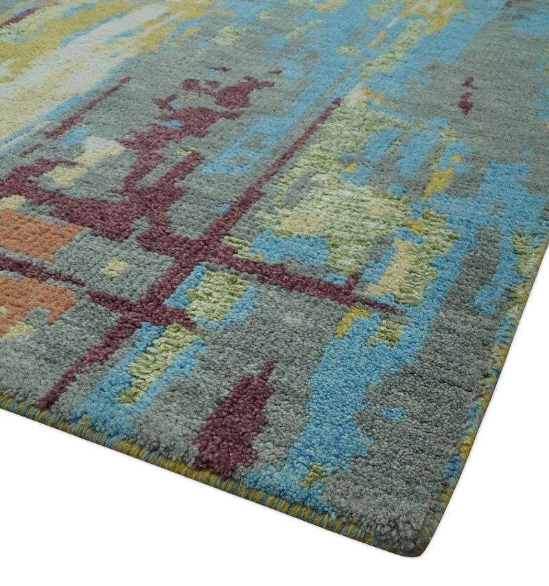 5x8 Olive, Dark Peach, Aqua and Maroon Modern Abstract Hand Knotted wool Area Rug
