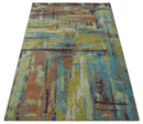 5x8 Olive, Dark Peach, Aqua and Maroon Modern Abstract Hand Knotted wool Area Rug