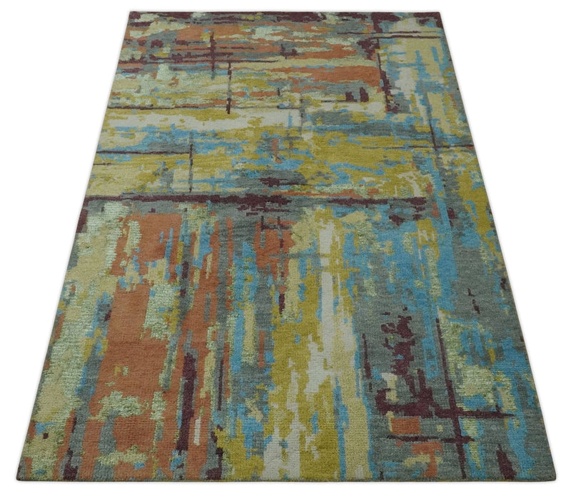 5x8 Olive, Dark Peach, Aqua and Maroon Modern Abstract Hand Knotted wool Area Rug