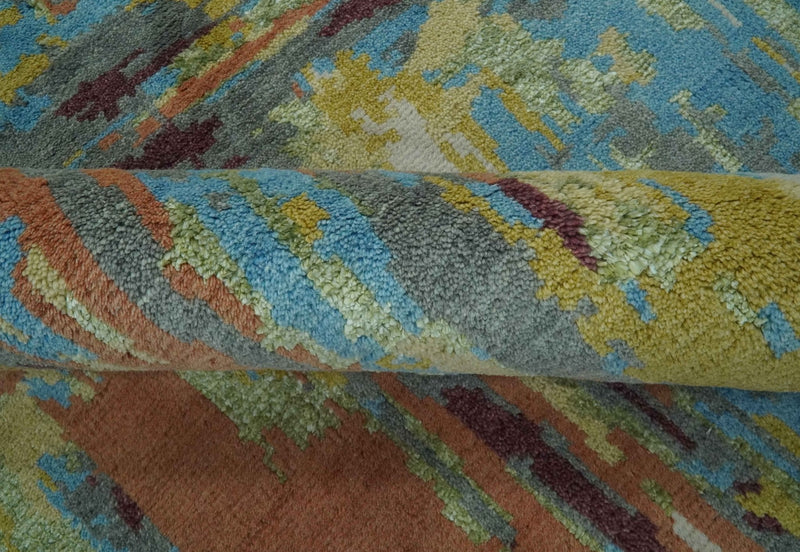 5x8 Olive, Dark Peach, Aqua and Maroon Modern Abstract Hand Knotted wool Area Rug
