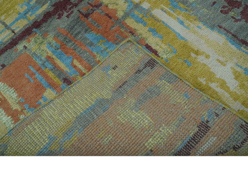 5x8 Olive, Dark Peach, Aqua and Maroon Modern Abstract Hand Knotted wool Area Rug