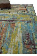 5x8 Olive, Dark Peach, Aqua and Maroon Modern Abstract Hand Knotted wool Area Rug